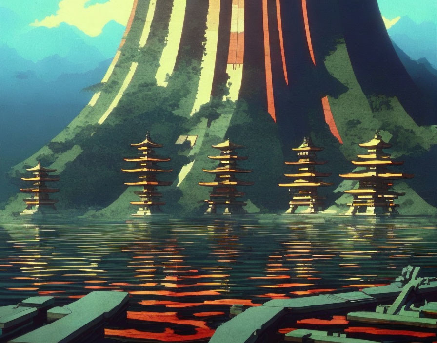 Mountain Pagodas Reflecting in Water: Vivid Colors & Dreamlike Style