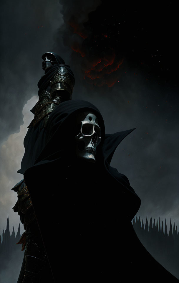 Mysterious cloaked figure with skull mask under dark sky