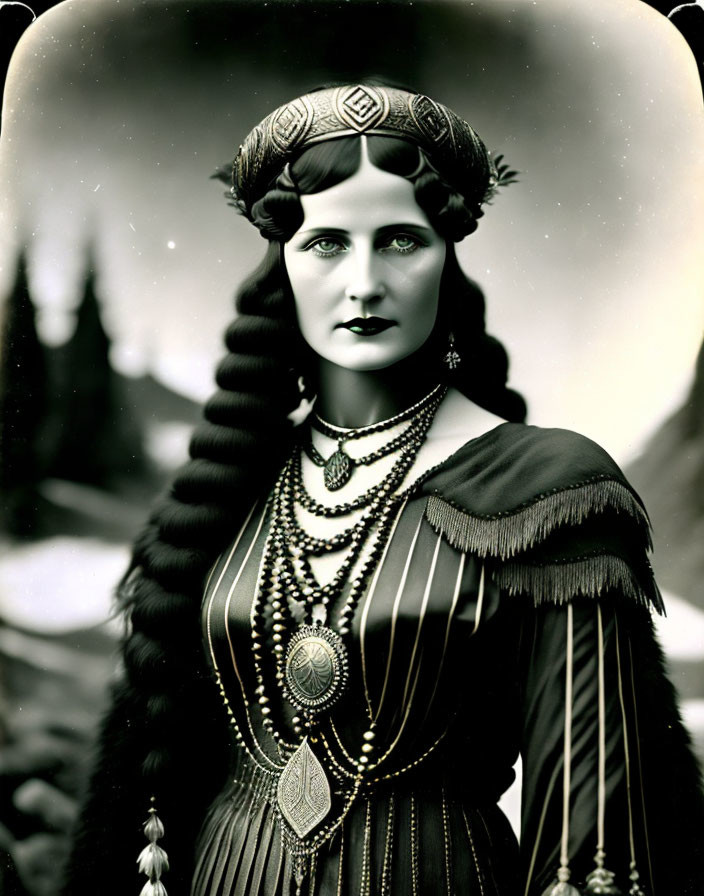 Woman in historical costume with braided hair and bead necklaces against mountain backdrop