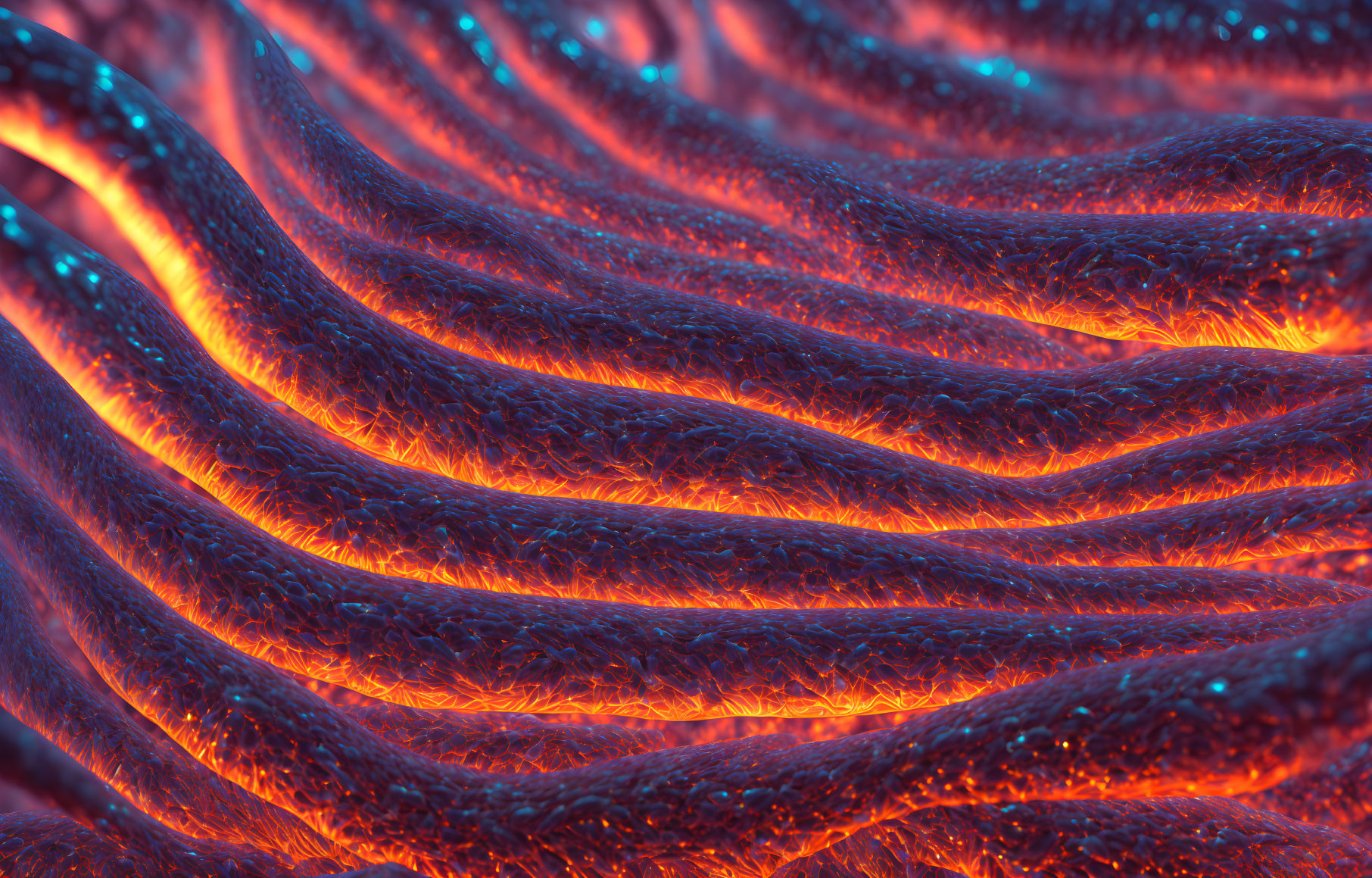 Detailed 3D illustration: Glowing, undulating strands with fibrous texture on dark background