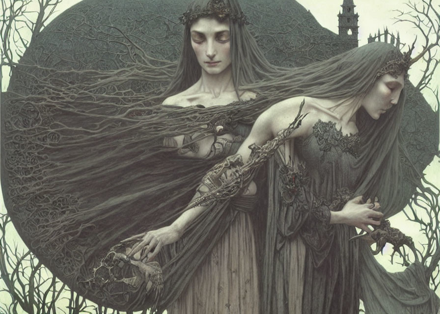 Ethereal female figures in flowing robes amidst ornate trees and distant castle