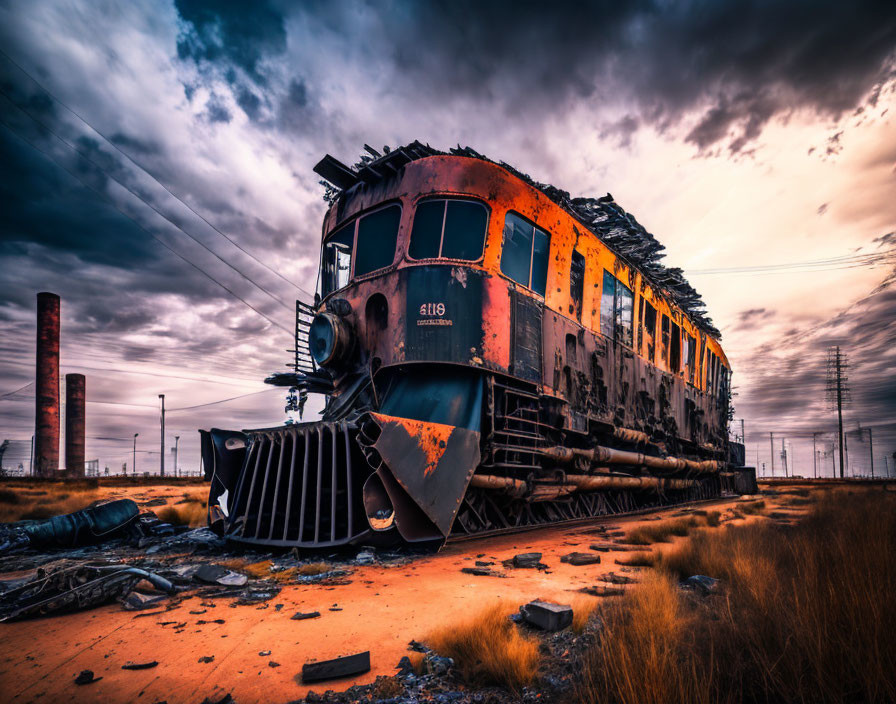 Abandoned rusting train under dramatic sky and industrial structures.