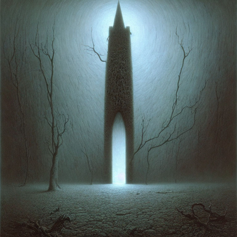 Surreal image of tall, ornate tower emitting light in barren landscape