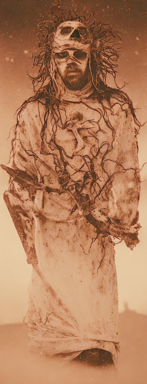 Person covered in mud with branches in sepia-toned setting