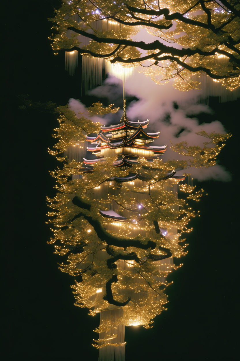 Traditional Pagoda Illuminated by Golden Lights in Misty Night