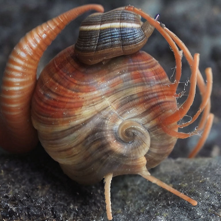 Brown Swirled Shell Snail with Millipede on Rock