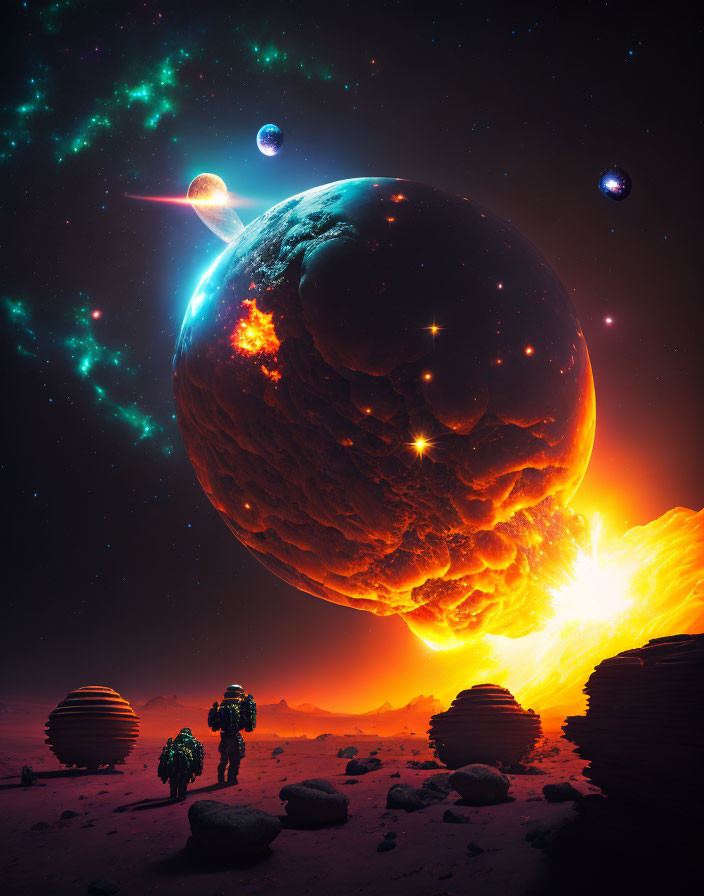 Surreal sci-fi landscape: giant planet, desert, sun, celestial bodies, lone figure