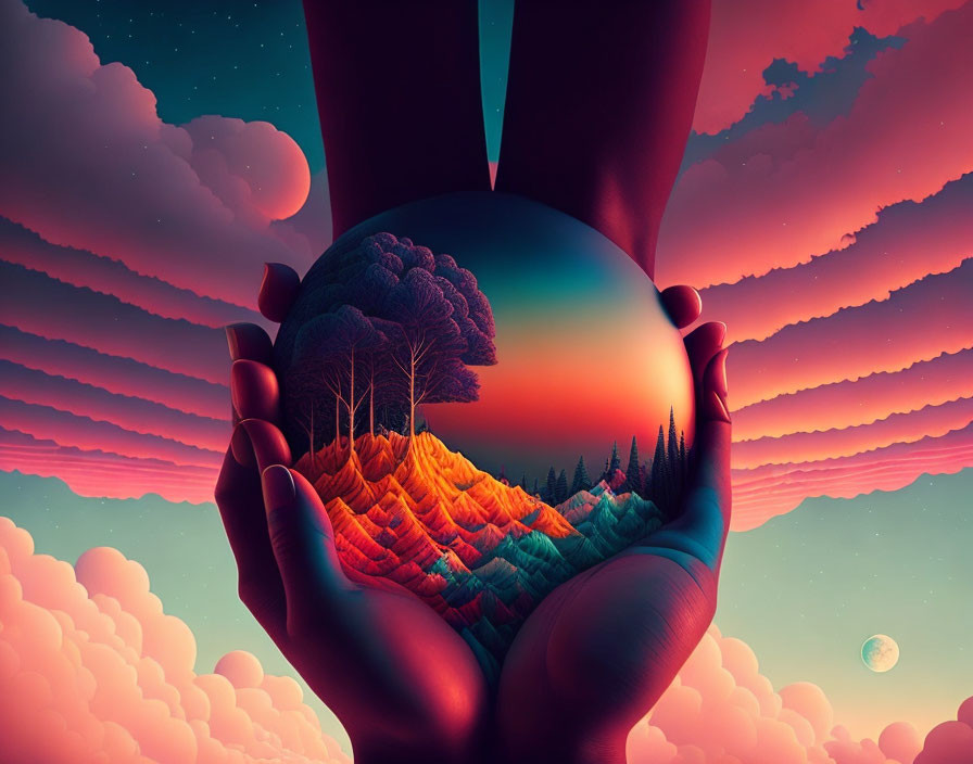 Colorful landscape with two hands cradling spherical scene and serene sky