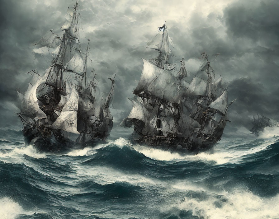 Old sailing ships in tumultuous ocean under dark storm clouds