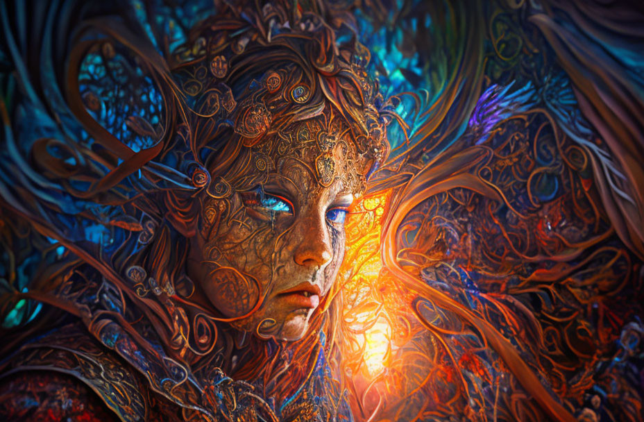 Colorful Fantasy Artwork: Adorned Figure with Swirling Patterns