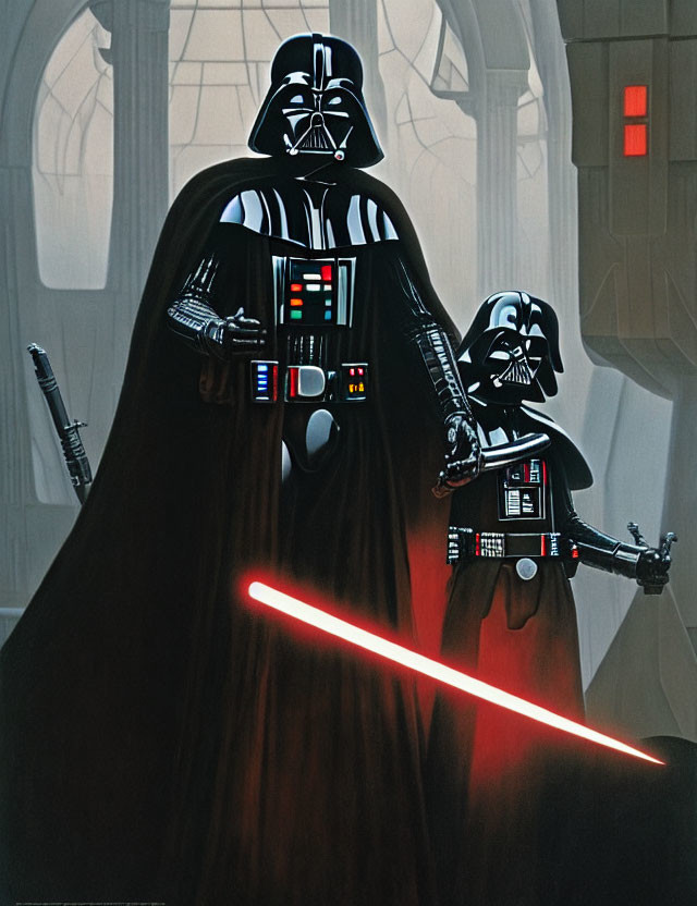 Futuristic Darth Vader with red lightsaber and smaller figure in image