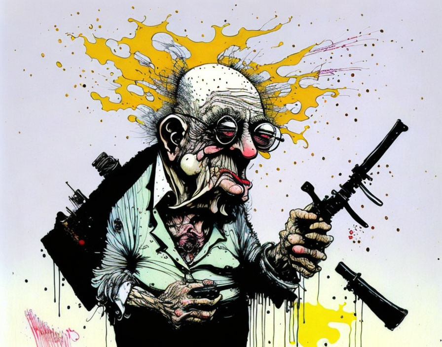 Colorful caricature illustration of a man with exaggerated headshot wound holding a gun