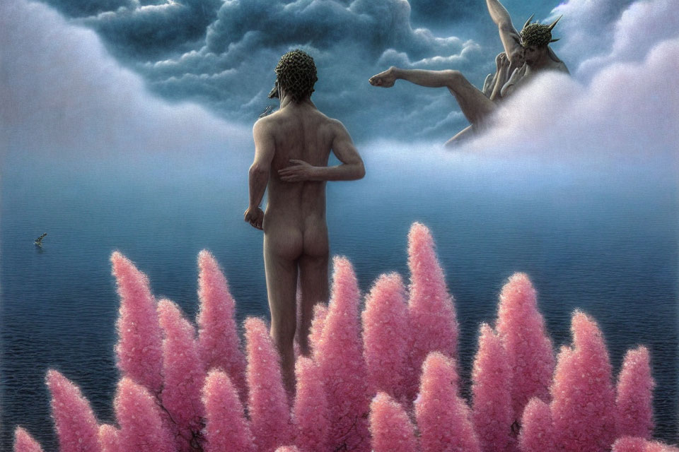 Surreal painting: Nude figure in pink flora under cloud-filled sky