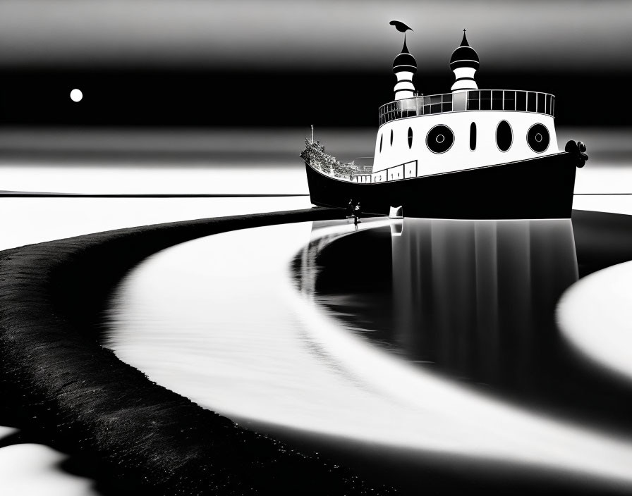 Monochrome stylized boat with chimneys on water with shoreline and moon