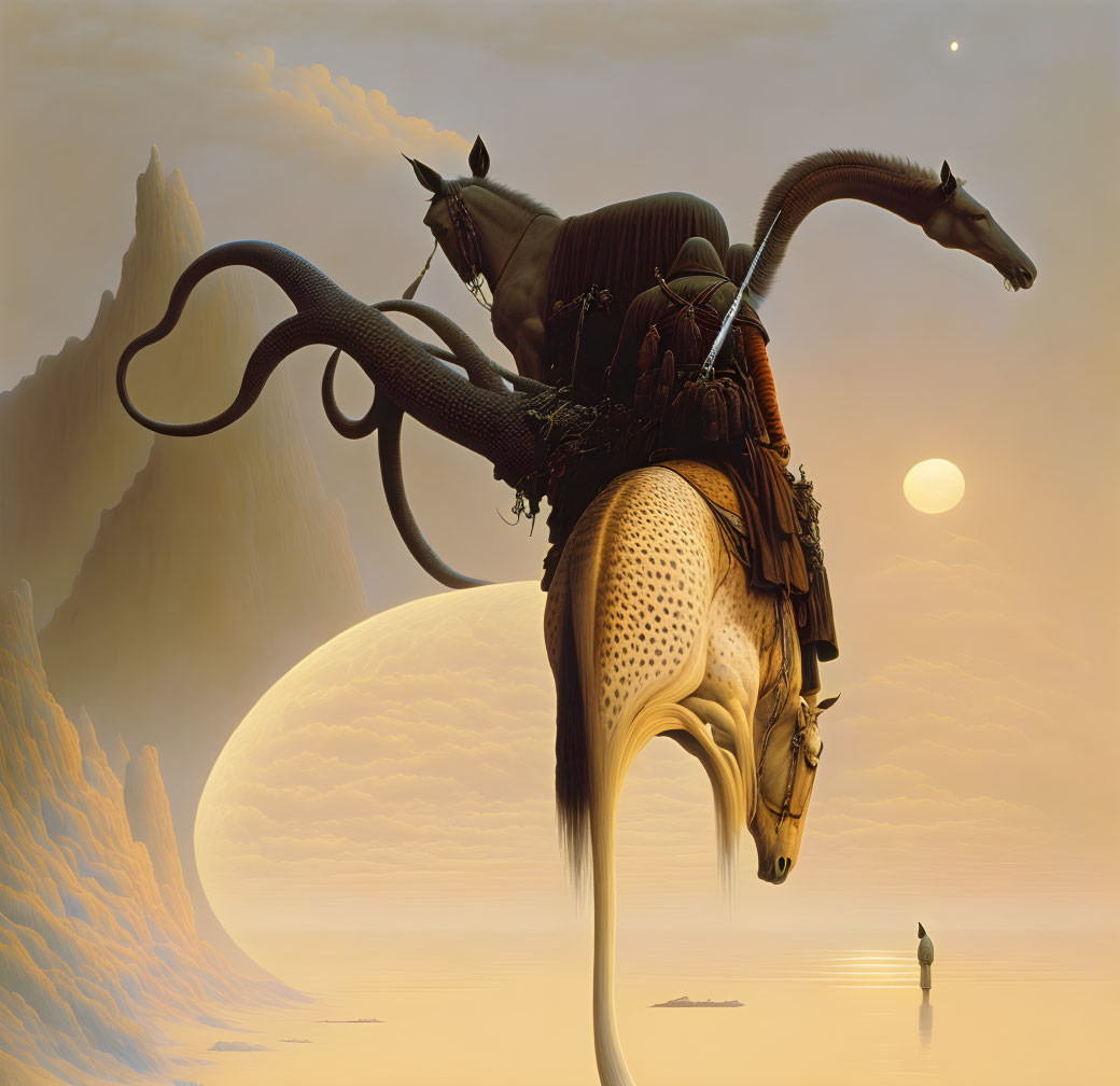 Surreal landscape with horse-like creature in alien sunset