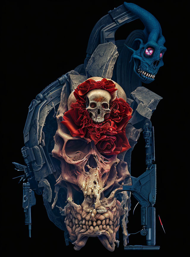 Gothic skull with red roses and mechanical serpent in dark setting