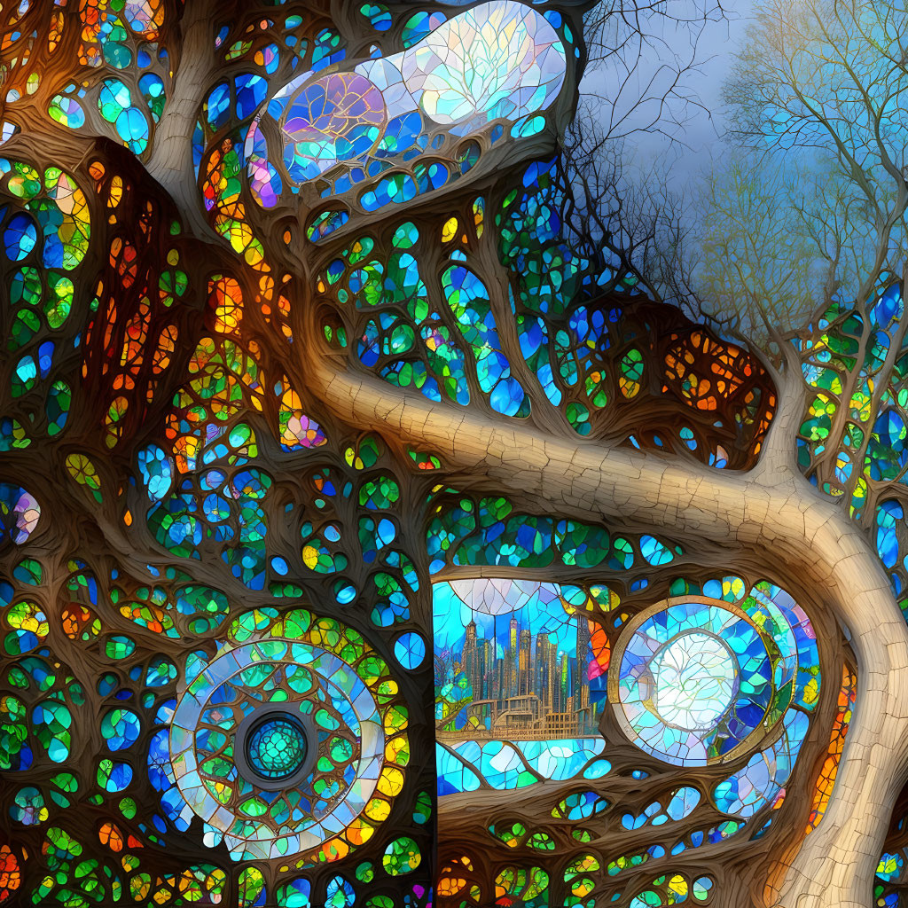 Colorful stained-glass tree with intricate loops and city skyline view.