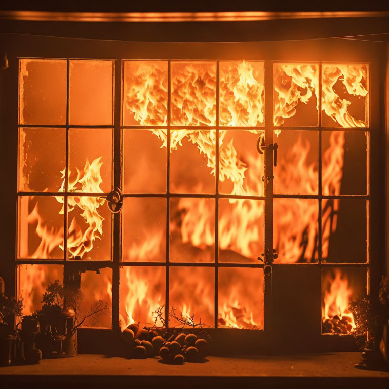 Intense flames engulf room seen through large grid window