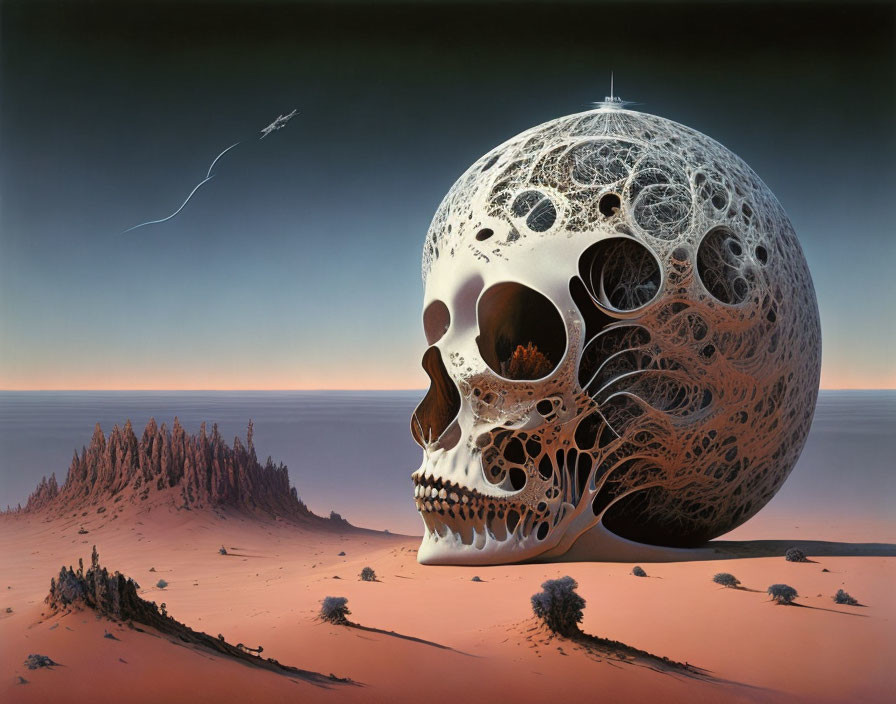 Surreal desert landscape with intricate skull and spiked forest