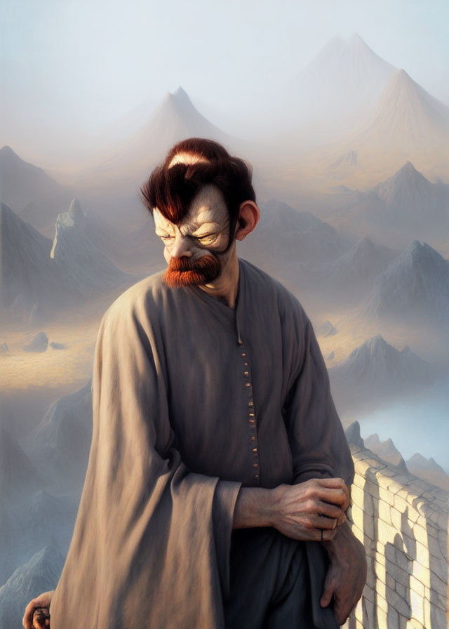 Simian-featured creature in robe gazes over misty mountain landscape