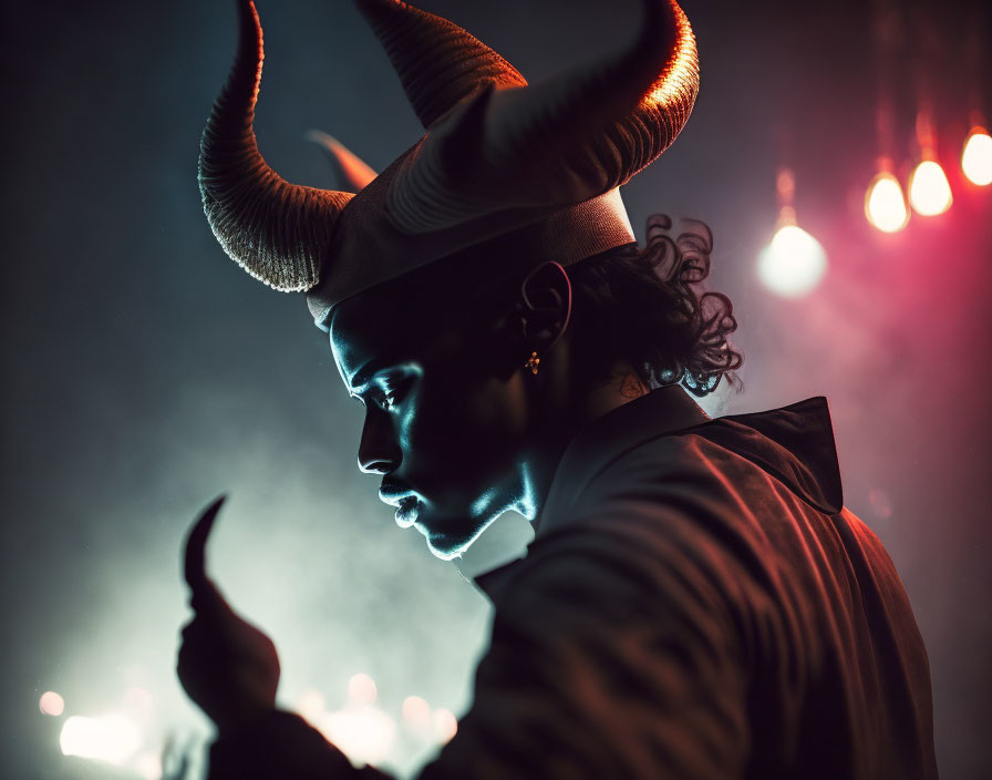 Mysterious figure with curled horns in dramatic lighting