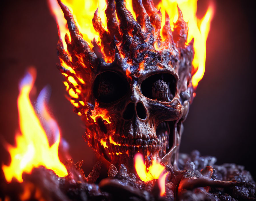 Intense Flaming Skull with Glowing Eyes on Dark Background