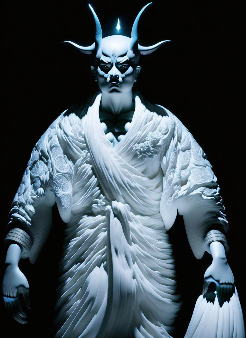 Sinister horned character in robes with glowing eyes on dark backdrop