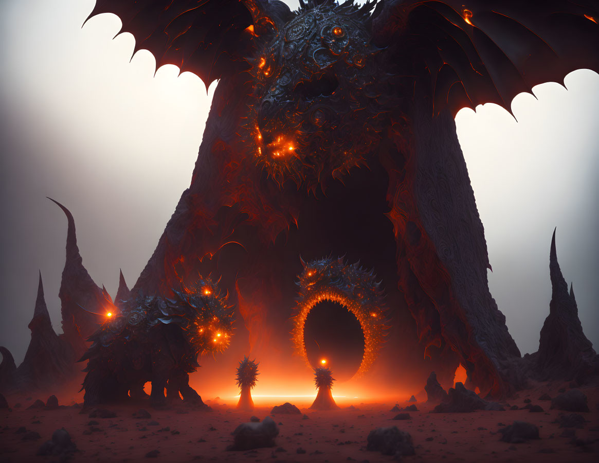 Menacing dragon with glowing eyes at fiery portal in hellish landscape