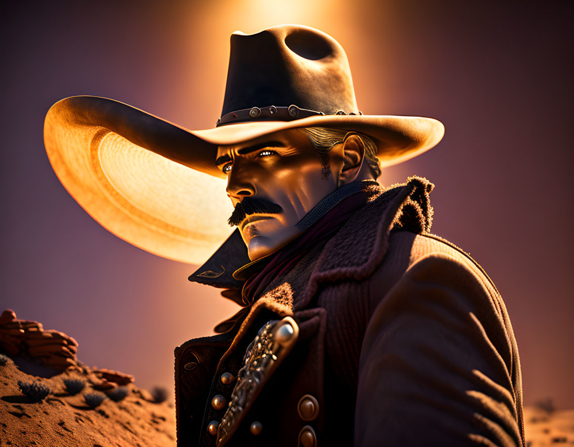 Stylized digital artwork of rugged cowboy in western attire at sunset