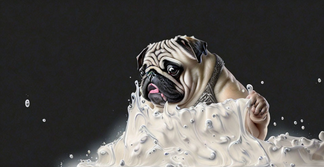 Pug dog in milk wave with tongue out