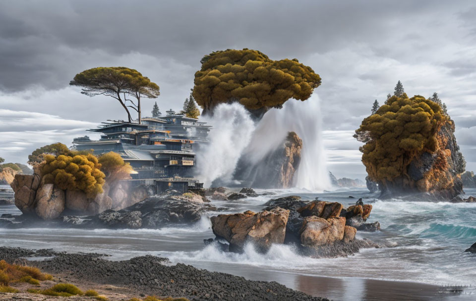 Futuristic multi-level structure on coastal rocks with waterfall and trees