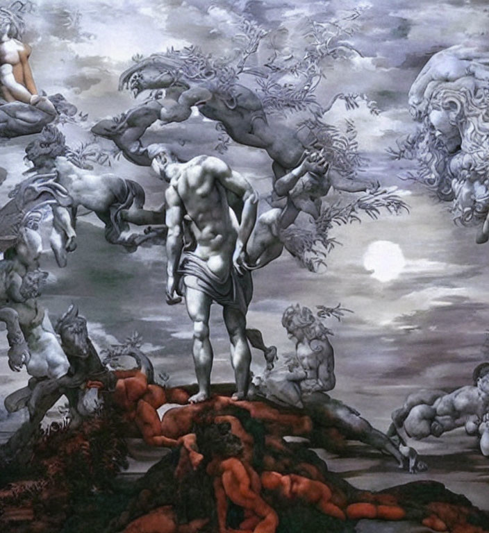 Muscular man on rocky outcrop under chaotic sky with galloping horses