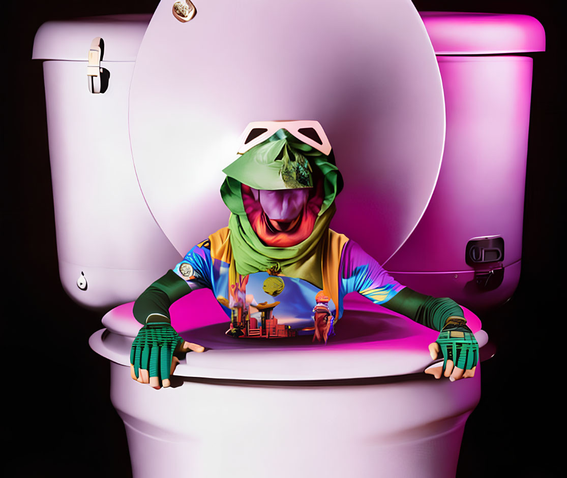 Colorful Attire Hoodie Resembling Chameleon Emerges from Toilet