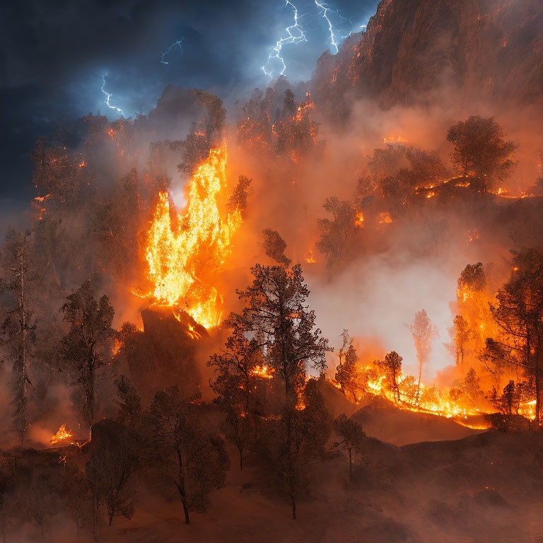 Intense night forest fire with orange flames and lightning storm