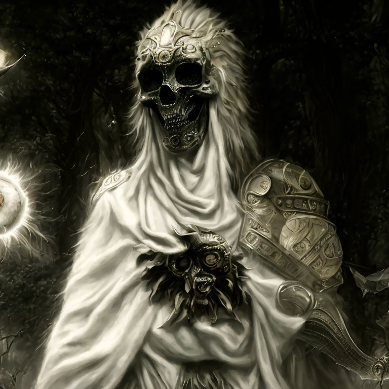 Mystical figure in white robe with skull mask and ornate armor in dark forest