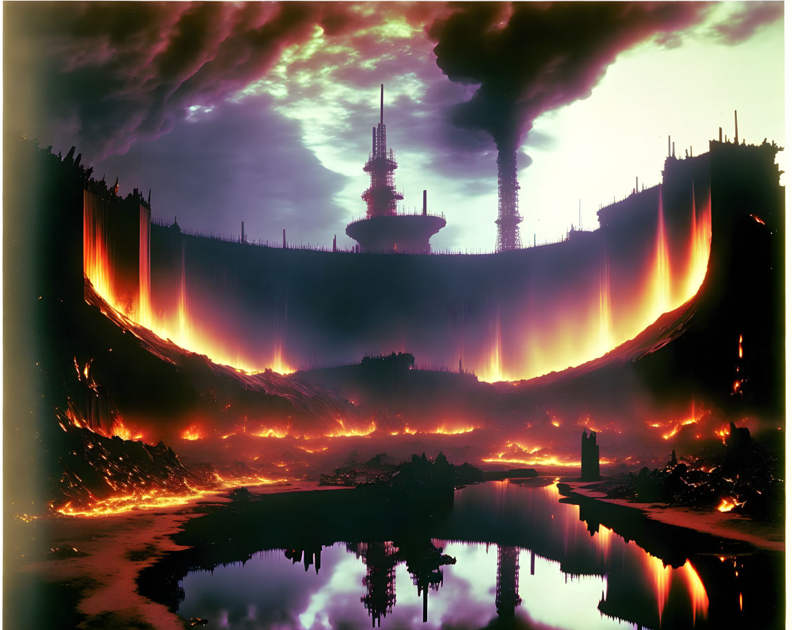 Dystopian landscape with fiery chasm and industrial structures