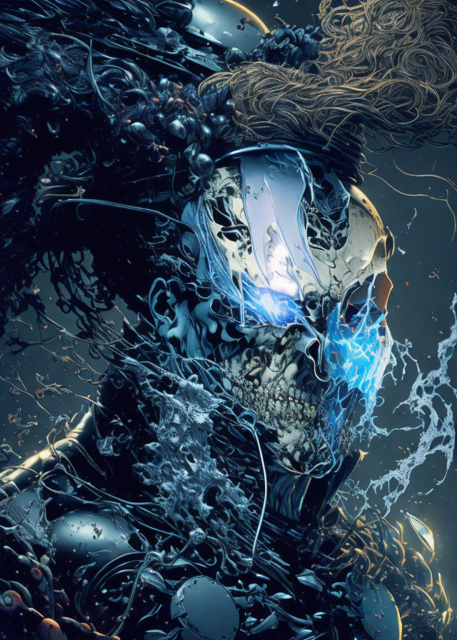 Futuristic digital artwork: Skull with robotic face and blue light.