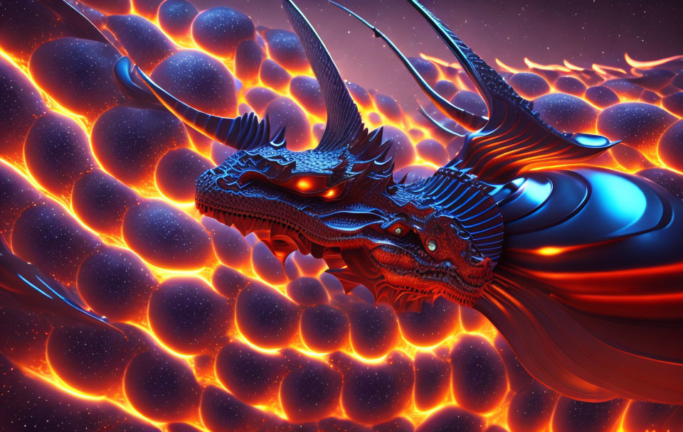 Futuristic mechanical dragon with glowing red eyes on orange hexagonal background