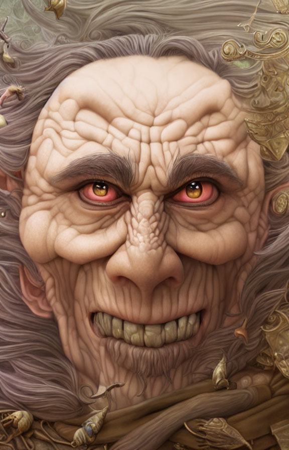 Elderly fantasy character with yellow eyes, wrinkles, gray hair, golden adornments, and flying