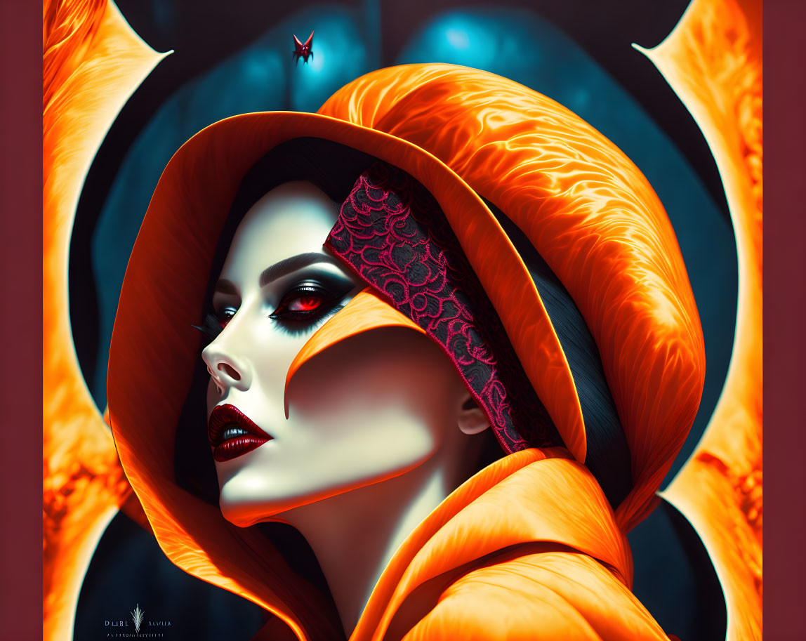 Digital portrait of woman in orange cloak with butterfly - stylized art