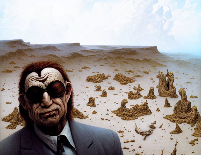 Man in Suit with Sunglasses in Surreal Desert Landscape