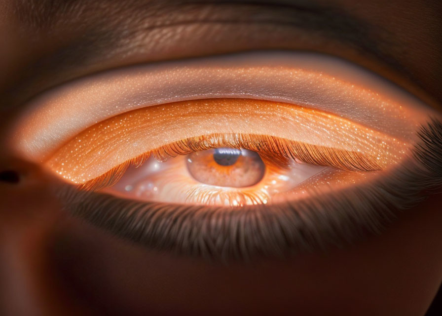 Detailed Close-Up of Human Eye with Iris, Eyelashes, and Skin Texture in Warm Light