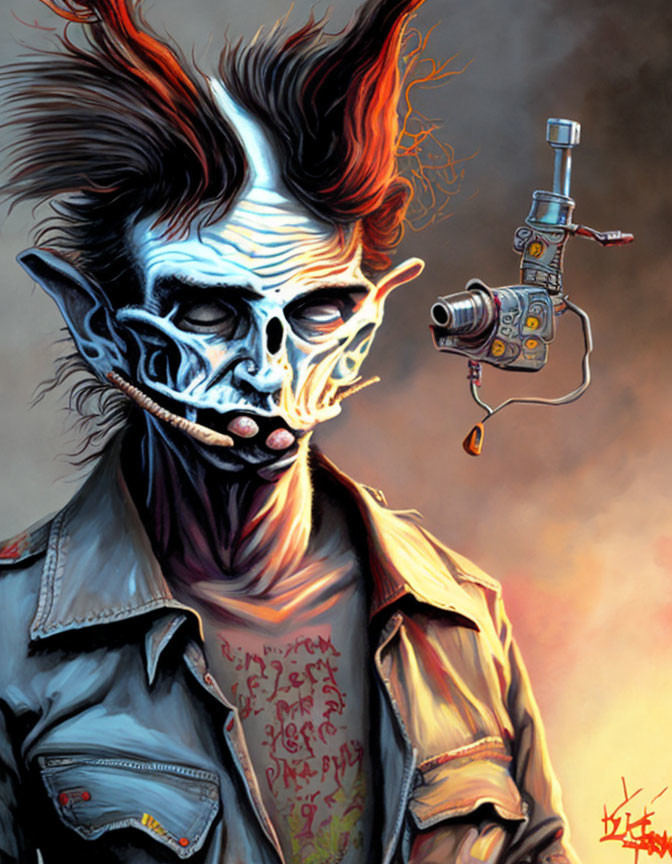 Illustration of punk-rock skeleton with mohawk and cybernetic arm.
