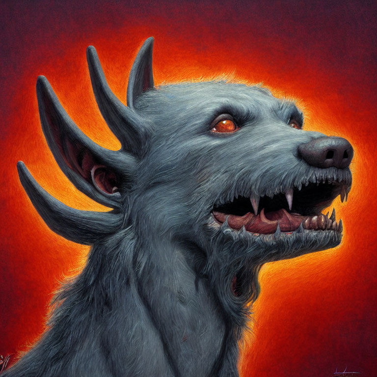 Fantastical grey creature with sharp teeth and glowing orange eyes on fiery red background