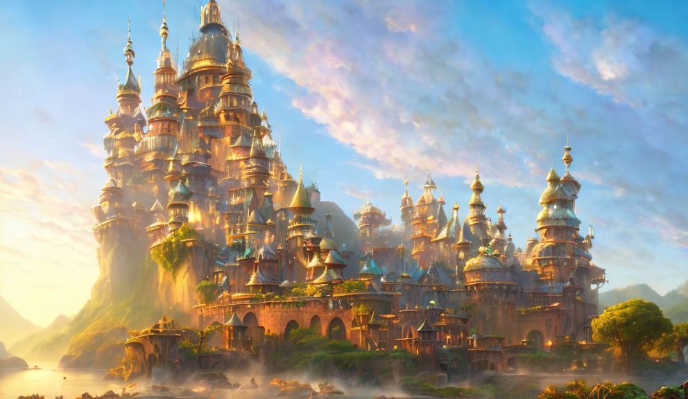 Fantasy castle with spires in golden sunrise landscape