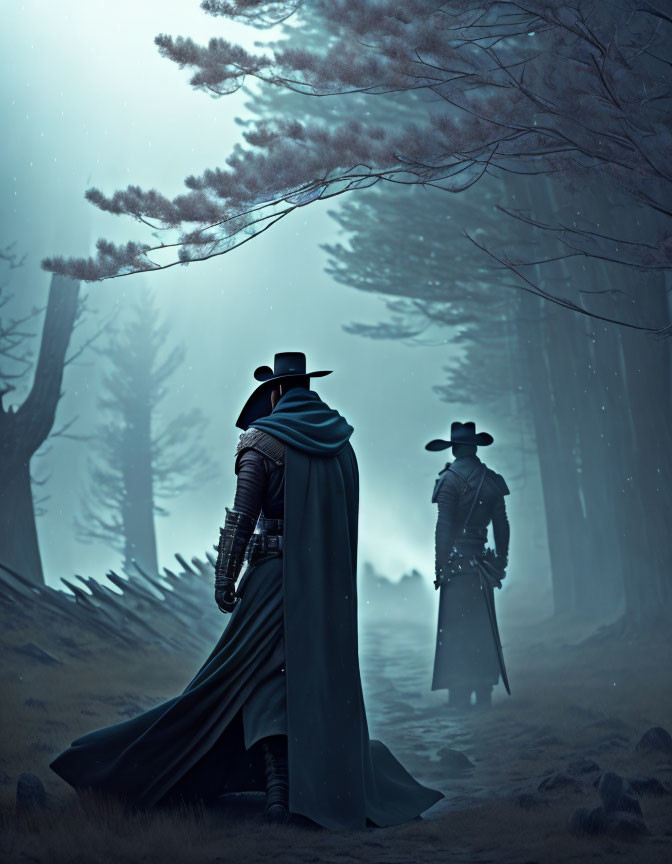 Mysterious figures in cloaks and hats in misty forest