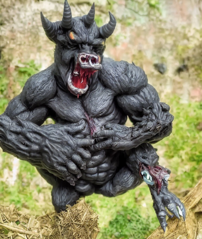 Dark-furred beast figurine with horns and claws on blurred background