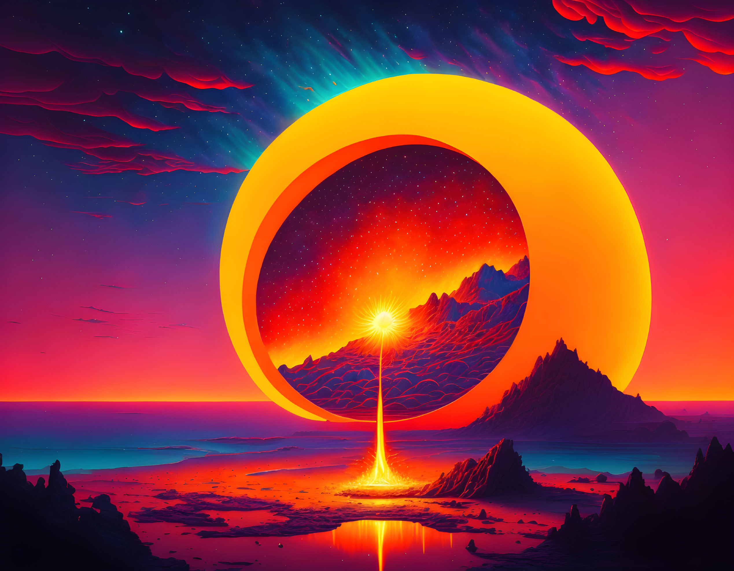 Surreal landscape with giant ring, mountains, radiant star, red and blue sky.