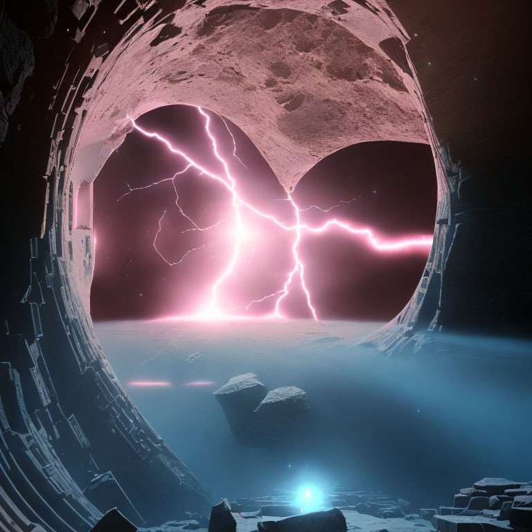 Futuristic glowing pink rift in celestial body viewed from cavernous tunnel