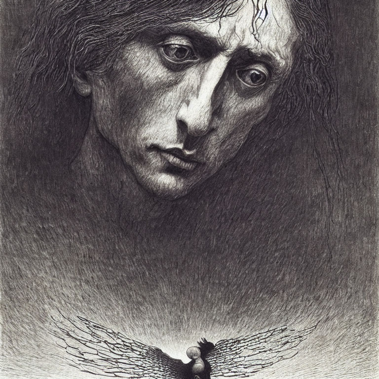 Somber-faced person with long hair and intense gaze, overshadowed by a winged figure